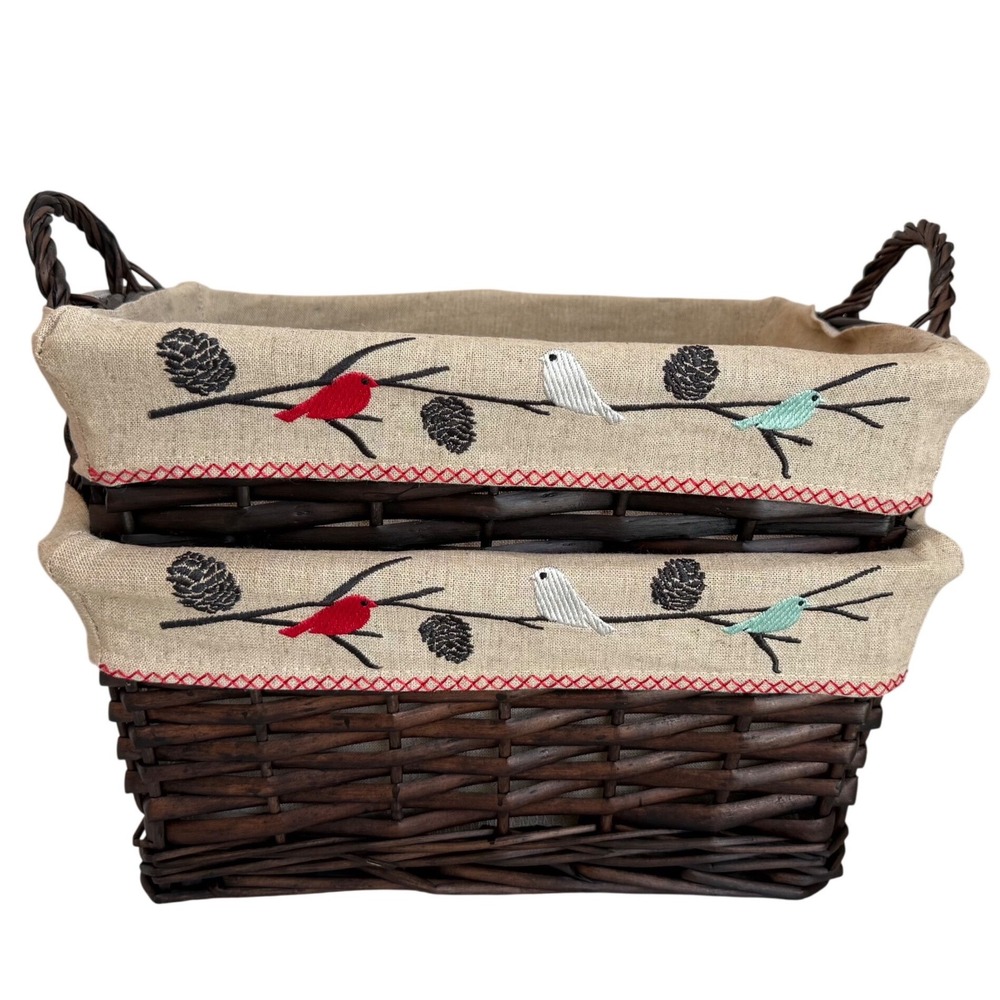 Woven Wicker Storage Basket Brown Embroidered Bird Linen Liner 12x9x6 Set of 2